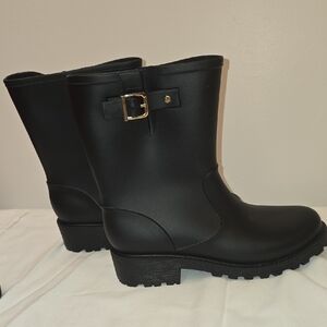Style & Co. Black Mid-Calf Rain Boots with Gold Buckle Accent